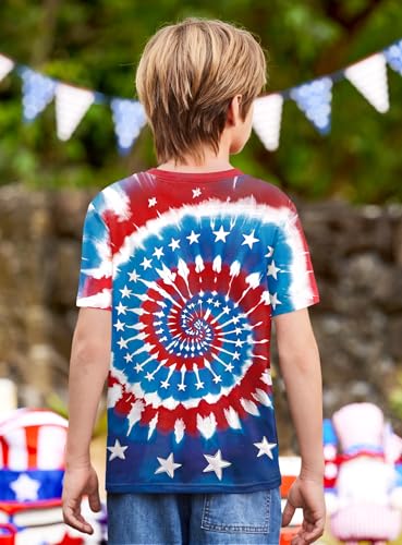 Image of BesserBay Unisex Kids 4th of July American Flag Tee Tie Dye Patriotic Short Sleeve Shirt 6-14 Years