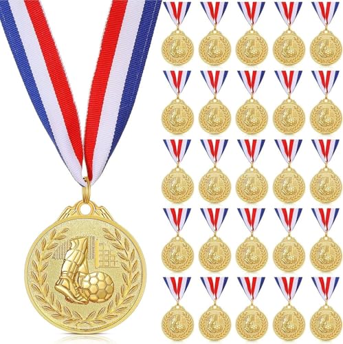 ASMIZ 24 Pc Football Medals for Kids Bulk Gold Award Medals Set 5 cm Olympic Style Gold Metal Medals with Ribbons for Children Games Party Favors Prizes Awards Adults Team Gifts
