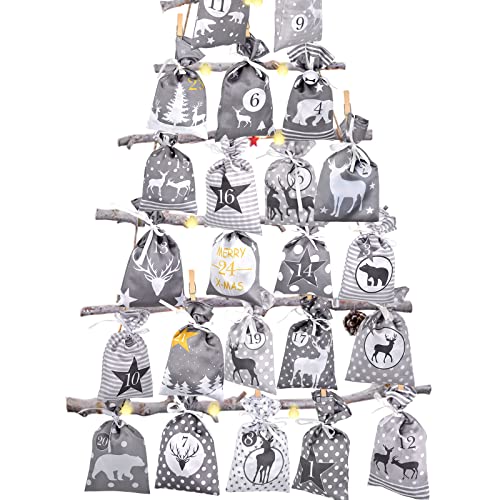 Adventskalender zum Befüllen Groß (12x21cm), 24 Stoffbeutel Kette zum selber Basteln und Aufhängen 2025 Weihnachtskalender zum selberfüllen mit Grau Stoff Säckchen für Kinder junge männer Mädchen