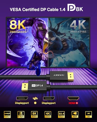 Image of IVANKY DisplayPort Cable 10ft 1.4, VESA Certified 8K DP to DP Cable[8K@60Hz, 4K@240Hz,2K@240Hz], Support HBR3,32.4Gbps,HDCP 2.2,HDR,Display Port Cord Compatible for Gaming Monitor,TV,PC,Laptop-10ft