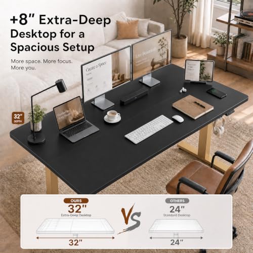 Image of Grandder 55x32 Extra-Deep Electric Standing Desk, Wide Desktop Fits 49 inch Ultrawide Monitor+Dual Screens, 176 lbs Capacity, 2 Memory Presets, Anti Collision, Computer Desk, Black Top&Gold Frame