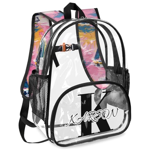 Personalized Small Clear Backpack Stadium Approved Heavy Duty PVC Plastic Custom Nautical Sailboat Transparent Backpacks See Through Bag with Name, Ocean Beach2