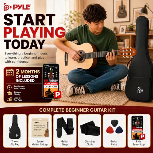 Image of Pyle 30-Inch Beginner Acoustic Guitar Kit, 1 /4 Size Junior Classical Nylon String Guitar for Kids and Adults, Includes Gig Bag, Strap, Spare Strings, Picks, Cleaning Cloth, Natural Ash, Gloss