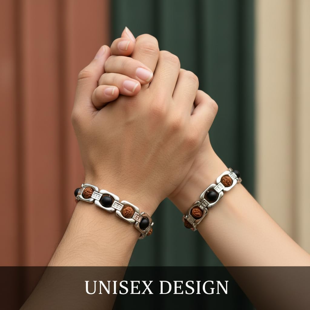 Arihant Gems & Jewels® 7.5″ Rudraksha, Original Karungali (Black Ebony) & 7 Chakra Bracelet For Men & Women, Certified 6 mm Karungali Beads With Lab Certificate, German 925 Sterling Silver & Stainless Steel Designer Kada, Spiritual Healing & Protection Bracelet (Rudraksha & Black Ebony Bracelet)