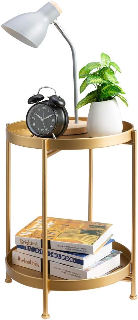 INDIAN DECOR 42113 2-Tier Round Side Table, Outdoor Small Folding Accent Stand with Removable Tray, Anti-Rust Metal Asional Table for Balcony Patio Living Room, Nightstand for Bedroom(Golden) 4