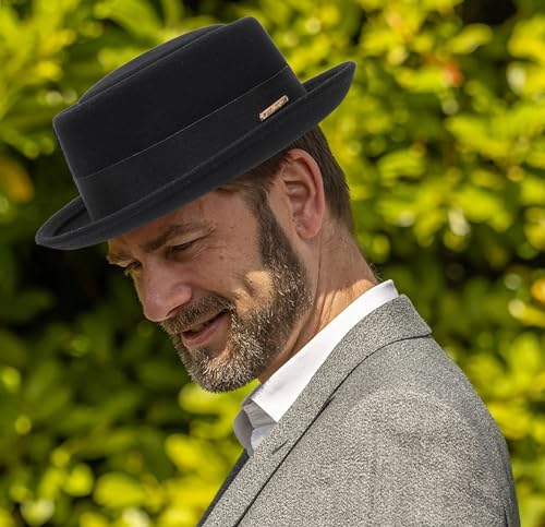 Image of Mens Flat Top Porkpie Hat Bowler Hats - Black Wool Hat with Band(S-M)