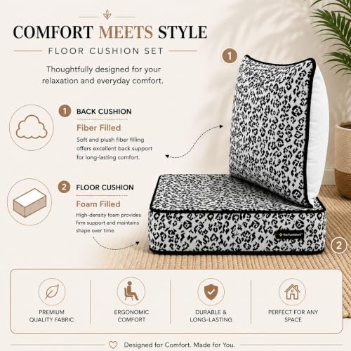 Image of Multipurpose 60x60x8 CM Woven Fashionable High Densitiy Foam Cushion Set for Floor, Patio, Chair and Balcony Garden Seating - White & Black Animal Set, Big Size Set - 24x24x3 Inch