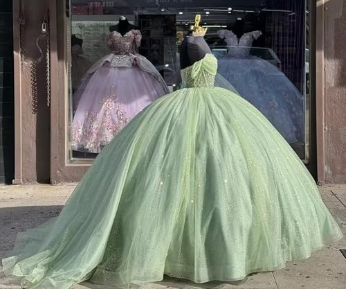WDBFY Glitter Tulle Quinceanera Dresses with Bow Off Shoulder Beaded Sweet 16 Desses Puffy Tulle Pleated Long Ball Gowns3