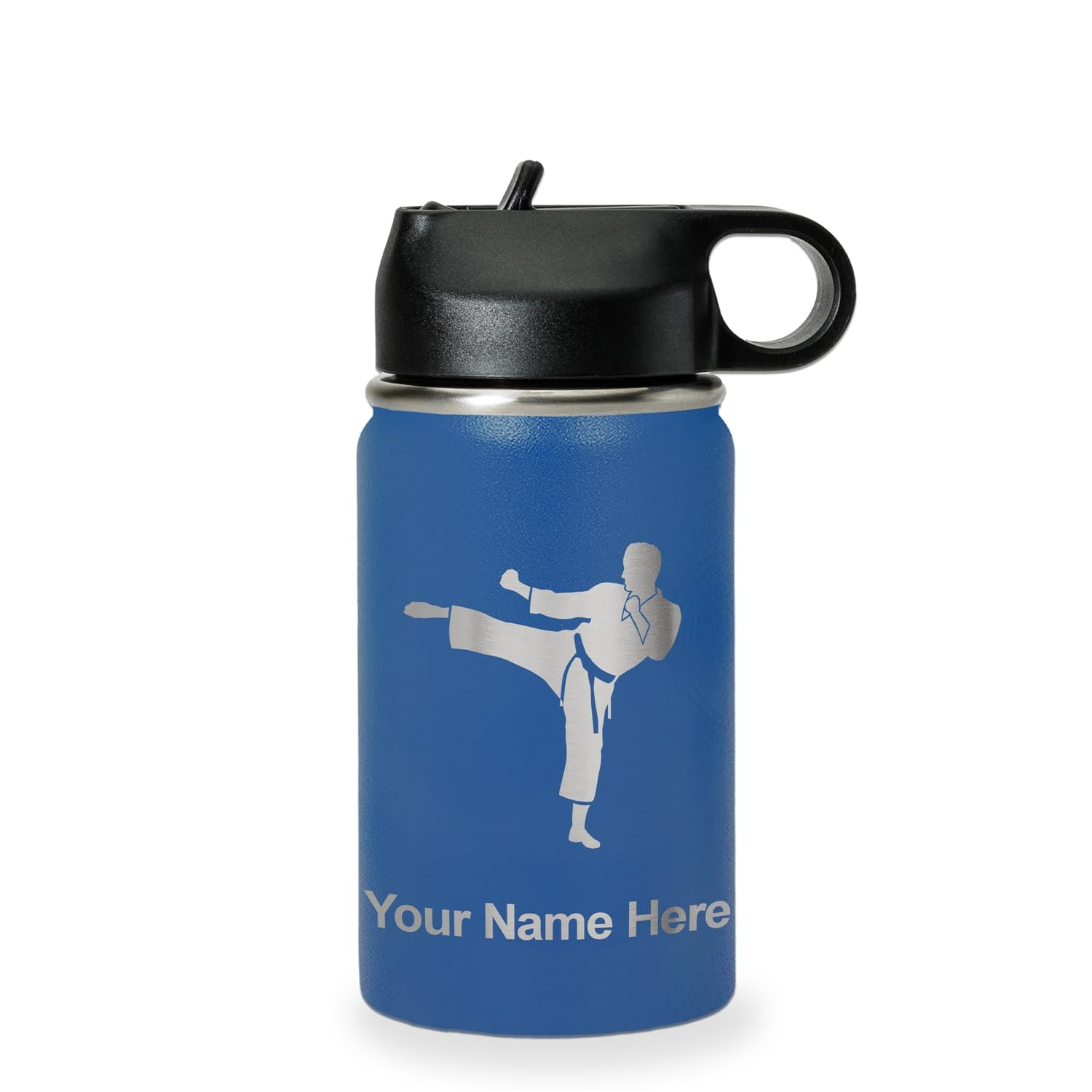 LaserGram Personalized Water Bottle Karate Man Stainless Steel Double Wall Vacuum Insulated with Flip Top Straw Custom Engraved