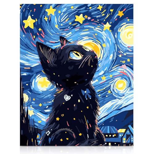 Aesthetic Leinwand Bilder Sternennacht Katze Poster, Van Gogh Stil Wandbilder Schlafzimmer Zimmer Deko, Wohnzimme Wandposter, Room Decor für Teen Mädchen, Geschenke für Katzenliebhaber Ungerahmt