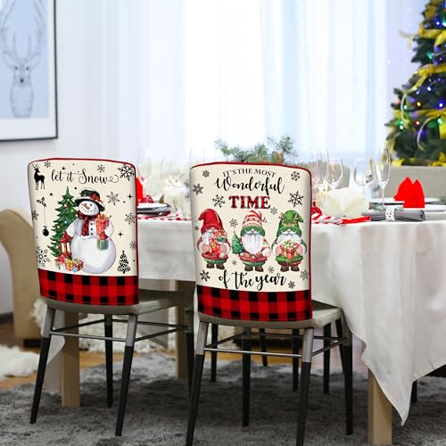 Image of TREWAVE Christmas Chair Covers Set of 6 Buffalo Plaid Santa Claus Chair Back Covers Snowman Holiday Dining Chair Slipcovers Protector Kitchen Dining Room Decor Festival Party Decoration