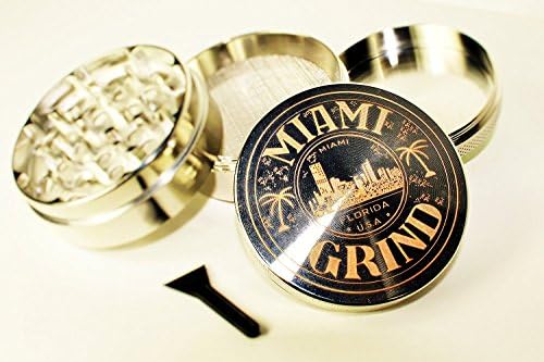 Miami Grind -Herb Grinder - Pollen Catcher, Scraper, and 4 Piece Spice Mill (Silver)