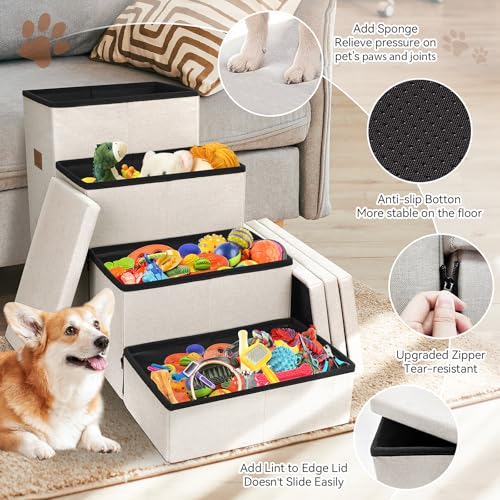 Image of Zerbuger Dog Stairs with Condo 23 inch H, 4-Step Wider Folding Storage Pet Stairs Gift for Small /Medium /Large Old Dogs Cats, Dog Steps for High Beds Window, Ramp for Climbing Car Up to 200 lbs, Beige