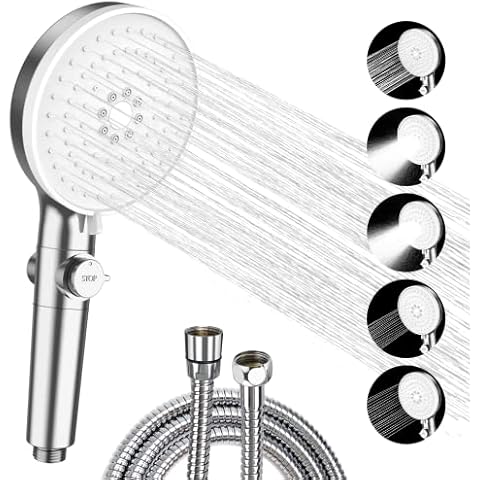 Shower Head and Hose Built-in Filter Cartridge, 5 Sprays Large Shower Head Pressure Boosting Stainless Steel Water Savings Flow Showerhead with Hose Cover