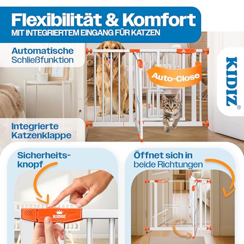 KIDIZ Absperrgitter zum Klemmen mit Katzenklappe, Türschutzgitter, Autoclose Kinder Treppengitter ohne Bohren | 90° Stopp Schutz, schwenkbar, Treppenschutzgitter, Weiß/Orange, Breite: 74-80 cm