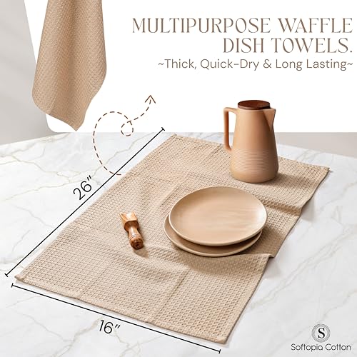 Image of Beige Kitchen Dish Towels Set of 4-100% Cotton Waffle Weave, Super Absorbent, Soft, Quick Drying, 16x26 Inches, Ideal for Cleaning, Bar, Tea, and Everyday Use, Tan
