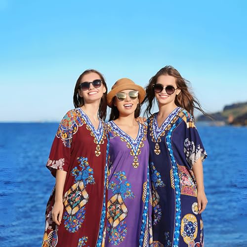 Image of Miss Lavish London Purple Kaftan Dresses for Women V Neck Batwing Sleeve Beach Vacation Bikini Swimsuit Cover Ups, Ethnic Print Plus Size Dubai Caftan Maxi Dress with Side Slits-Purple-S
