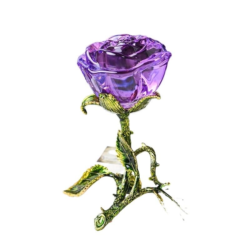 Crystal Rose Flower Figurine Craft Collectible Gift for Xms's Day Birthday Valentine's Day Wedding Home Table Decor (Color : Purple)