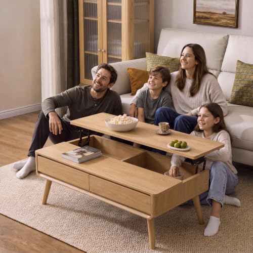 Image of Solid Oak Wood Lift Top Coffee Table for Living Room, Fully-Assembled