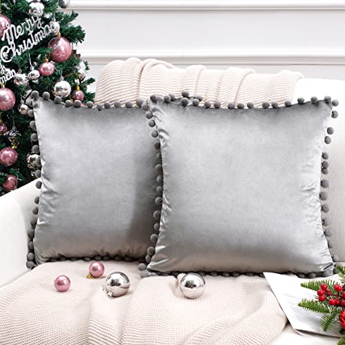Top Finel Silver Grey Throw Pillow Covers for Couch 16x16 Inch Set of 2, Simple Modern Decorative Pom-poms Pillow Cover Soft Velvet Cushion Pillow Cases for Bedroom Dormitory Office Home Decor