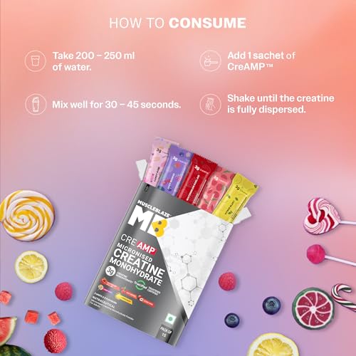 Image of MuscleBlaze Micronised Creatine Monohydrate CreAMP Powder Assorted Flavours (15 Sachets, 4g Each) - Citrus Blast, Watermelon Kool Aid, Juicy Berries, Candy Rush & Lychee Swirl | Travel Pack | Trustified Certified Creatine