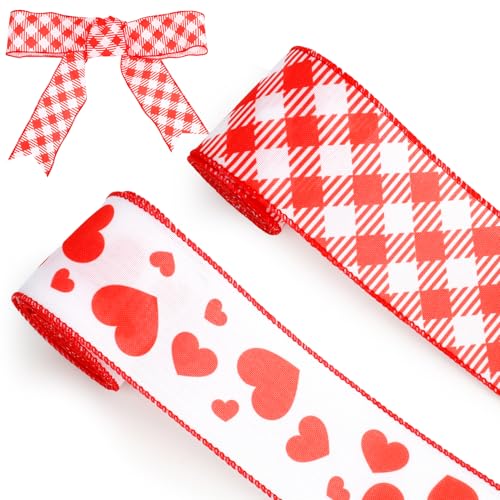 Red Heart Wired Ribbon Red and White Gingham Ribbons Burlap Ribbons for Gift Wrapping DIY Craft Party Supplies Wedding Valentines Decor Flower Wreath Bows 2.5 Inch 10 Yards Valentines Ribbon