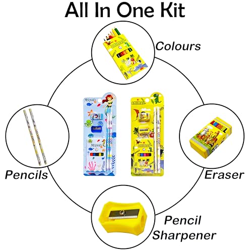 Image of PARTEET Cartoon Theme Stationery Gift Set with 2 Pencils, Sharpener, Eraser and 6 Color Pencils, Complete School Supplies |Birthday Return Gifts for Kids (Pack of 5)