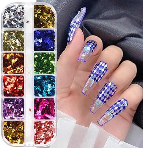 3D Sparkly Glitter Nail Art Sequins, Holographic Rhombus Shape Glitters Nail Flakes, 12 Colors Rhombus Nail Art Glitter Design for Women Resin Nail Art Tips, DIY Shiny Fingernail Crafts Decorations