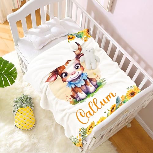 Image of Personalized Cow Baby Blankets for Boys, Custom Cow Gifts, Soft Lightweight Flannel Animal Sunflower Themed Print Throw Blankets for Bed, Sofa,Chair,50 inchx60 inch for Teens