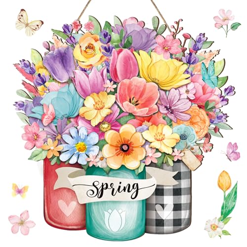 Juexica Spring Flower Door Sign Spring Decoration for Home Floral Welcome Wreaths for Front Door Rustic Wood Wall Hanging Decor Home Party Outdoor Indoor Decor