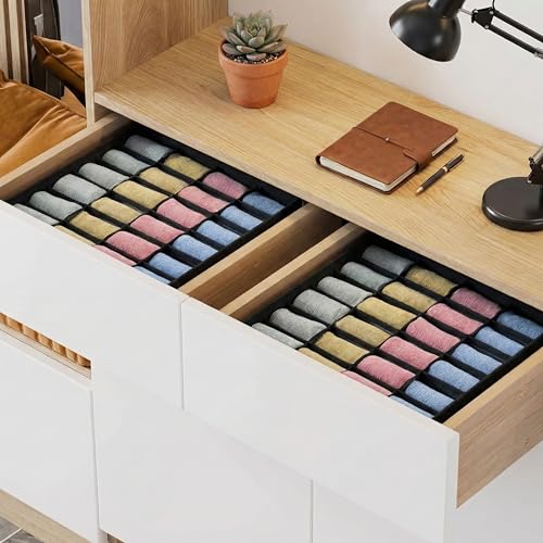 Image of Skrill 24-Compartment - Set of 2 | Non-Woven Foldable Cloth Storage Box Set Underwear, Socks, Ties, Scarves Drawer Organization | Space Saving Divider Organizer Closet Storage | Zigzag Waves Grey