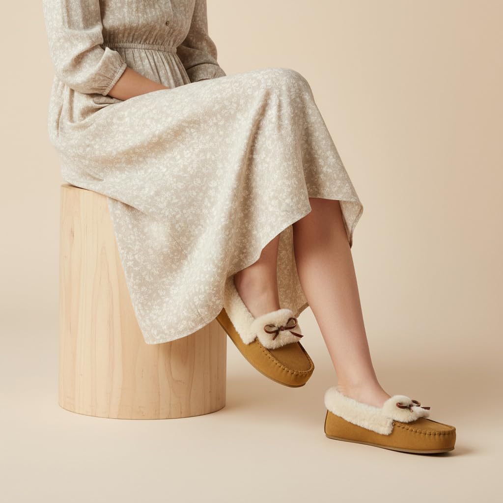 CUSHIONAIRE Stella Women's Moccasin Slippers – Faux Fur Lining, Memory Foam & Wide Widths Available