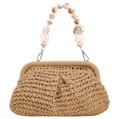 Straw Purse Straw Bags for Women Woven Straw Purse Casual Straw with Beaded Handle Stylish Easy Matching Summer Purse for Beach Travel, Khaki