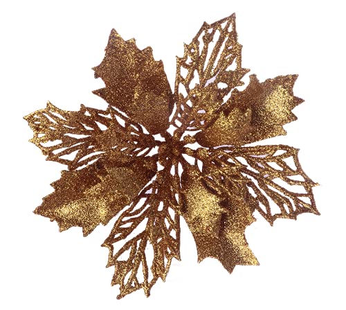 YYCRAFT Glitter Poinsettia Flowers 6 Inch for Christmas Tree Ornaments Christmas Decorations-12pcs,Old Gold