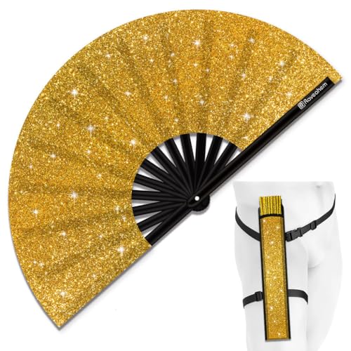 Raveahem Glitter Large Rave Folding Clack Hand Fan with Holster, Popping Handheld Fan Foldable for Men Women for EDM Festival Club Party Dance, (Golden, Large 13")
