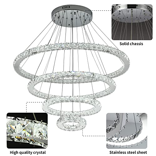 Led Crystal Chandelier, Diy Modern Lighting Oval 4 Rings Hanging Adjustable, Cool White Pendant Lamp, Stainless Steel Ceiling Light Fixture For Living Dining Bedroom Ring: 31.5/23.6/15.7/7.9" #TOP3
