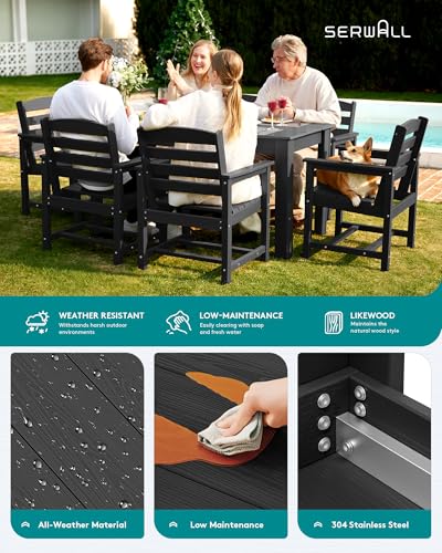 Image of SERWALL 59 inch HDPE Outdoor Dining Set for 6, w / 1 Table & 6 Armchairs, Black