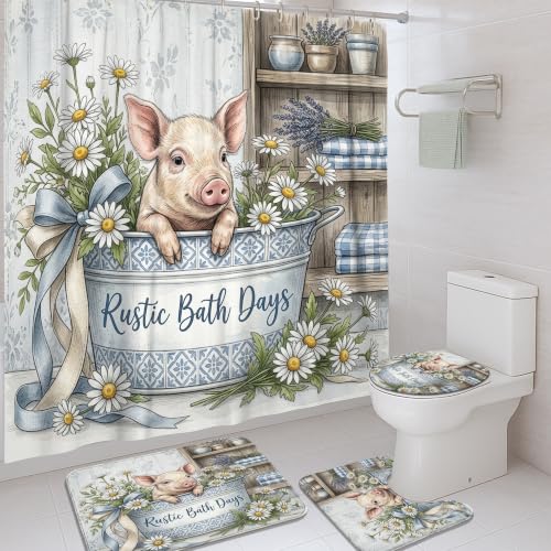 Ensemble rideau de douche et tapis cochon bleu rustique 183 cm