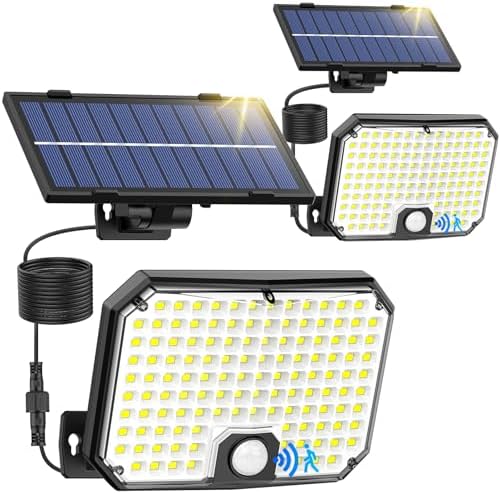 Solar Outdoor Lights, Motion Sensor Dusk to Dawn Wall Lights Waterproof, LED Outside Solar Powered Security Flood Light Fixtures 3 Modes with 16FT Cable for Front Door Porch Shed Barn Garage, 2 Packs