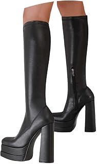 Knee High Boots for Women Platform Square Toe Chunky Block Heeled Long Tall Boots Womens Fashion Leather High Heels Comfortable Party Cosplay Halloween Pull On Boot with Side Zipper