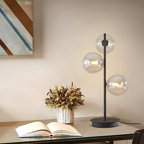 Image of Modern Globe Table Lamp, Mid Century 3 Lights Black Bedside Lamp, Brown Glass Globe Reading Lamp for Bedroom Living Room Study Room
