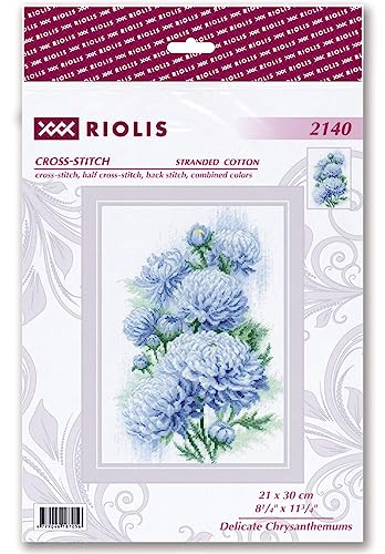 Image of RIOLIS - Delicate Chrysanthemums 2140, Cross Stitch Kits 8 inch x 11 inch, Cross Stitch Kits for Adults, Floral Counted Cross Stitch Kits, Embroidery Kit for Beginners & Advanced, Crossstitching Kits