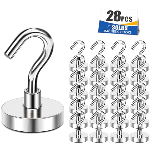 Image of MIKEDE 30LB Magnetic Hooks N52 Strong Neodymium Magnets Hooks | Heavy Duty for Refrigerator Extra Cruise Hook for Kitchen Classroom Workplace Grill 28PCS