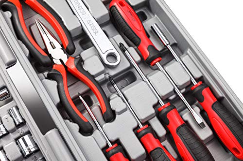 Cartman 205 Piece Tool Set Ratchet Wrench With Sockets Kit In Plastic Toolbox Red #TOP3