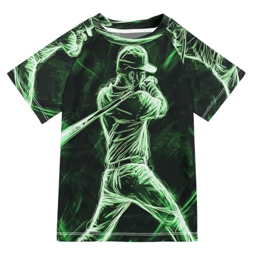 Boys Short Sleeve T-Shirts Baseball Green Neon Doodle Rashguard Kids Swim Shirts Sun UPF 50+