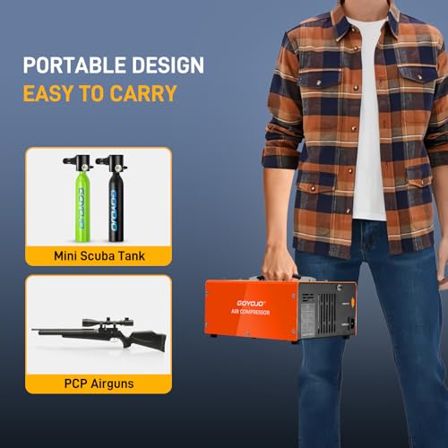 GOYOJO PCP Air Compressor | Max 4500 PSI | Dual Power Car 12V DC or Home 110V AC | Fast Fill for Air Rifle, Paintball, Scuba Tanks | Auto Shut-Off | Built-in Cooling Fan | 300W Oil-Free PCP Pump