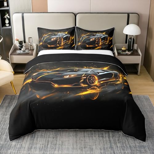 Coton Housse de Couette Voiture de Course Parure de Lit Racing Sport Couvre Lit 220x240 Cool Jaune Noir Voiture de Sport de Course de Vitesse Literie Piste de...