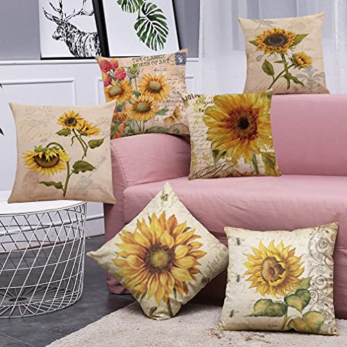 Faylapa 6 Pack Abstract Cartoon Flower Pillow Cases,Cotton Linen Decorative Cushion Cover (Oil Painting Sunflower) #TOP5