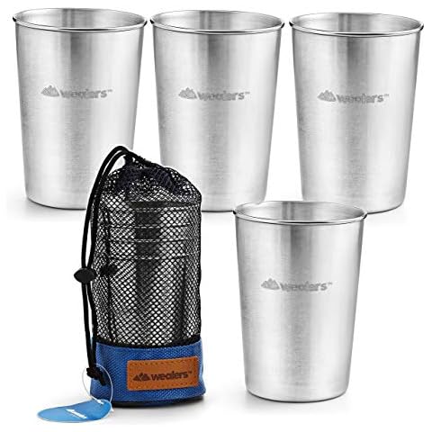 Stainless Steel Cup Tumbler Set Cold Drink Cups Good for Drinking Beer Water & Soft Drinks Comes with Blue Mesh Carry Bag for Camping Backpacking Picnic Outdoors Cover