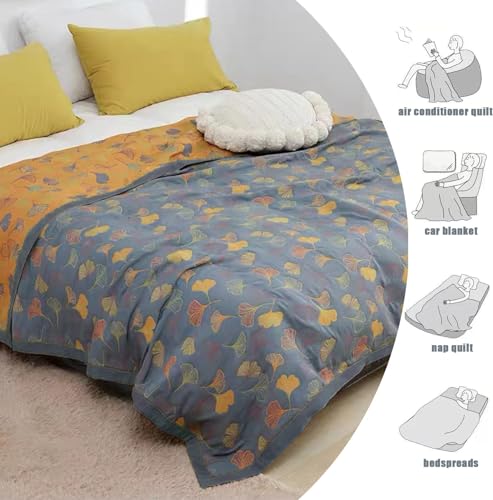 Reversible Ginkgo Quilted Throw Blankets Cotton Muslin Quilted Throw Blankets Soft King Size Throw Blanket Lightweight Breathable Throw Blanket for Couch (59''W*79''L)